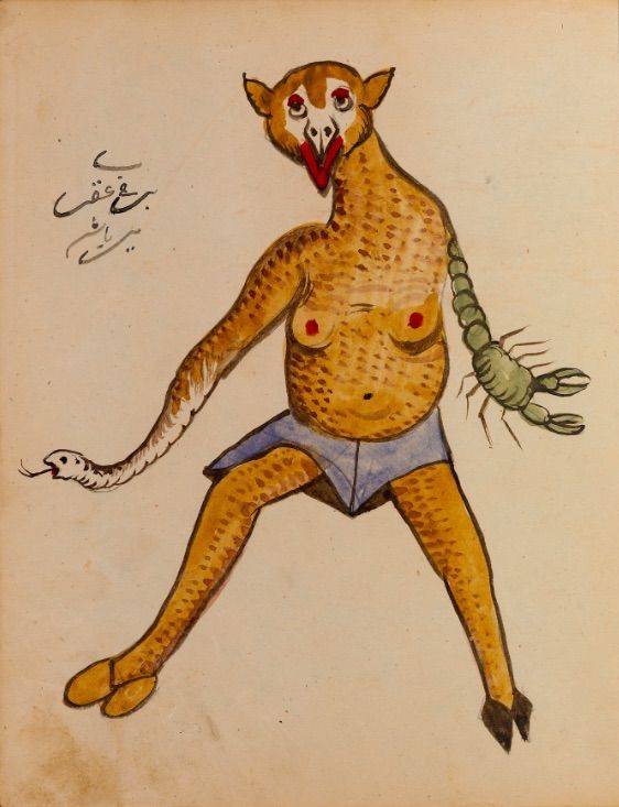 A whimsical illustration of a fantastical creature with a bird-like head, speckled body, and a tail ending in a snake's head. It is wearing shorts and appears to be controlling a scorpion.