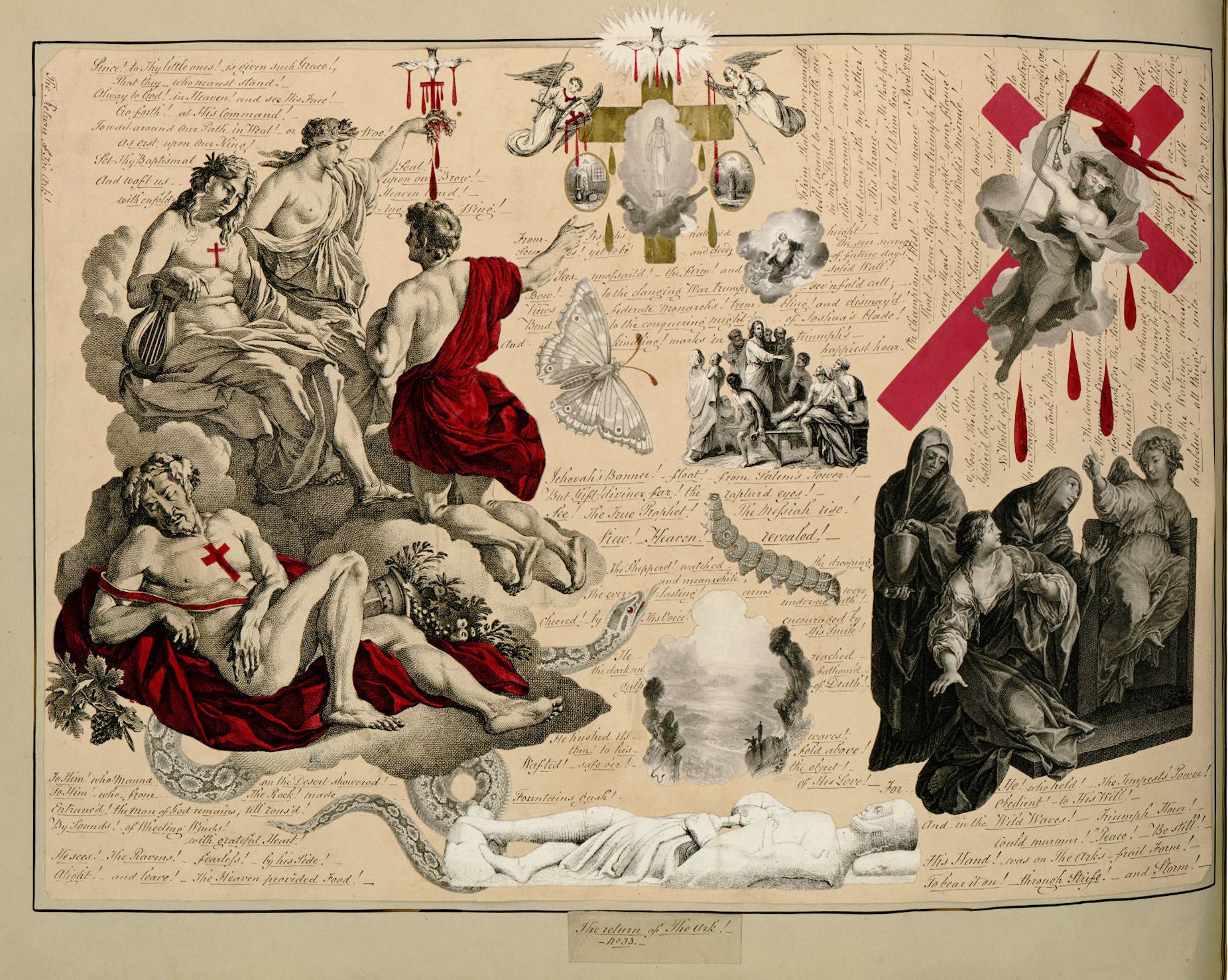 A detailed black and white engraving depicting a complex religious scene with a woman lying in a bed surrounded by mourning figures, angels, and symbolic objects.