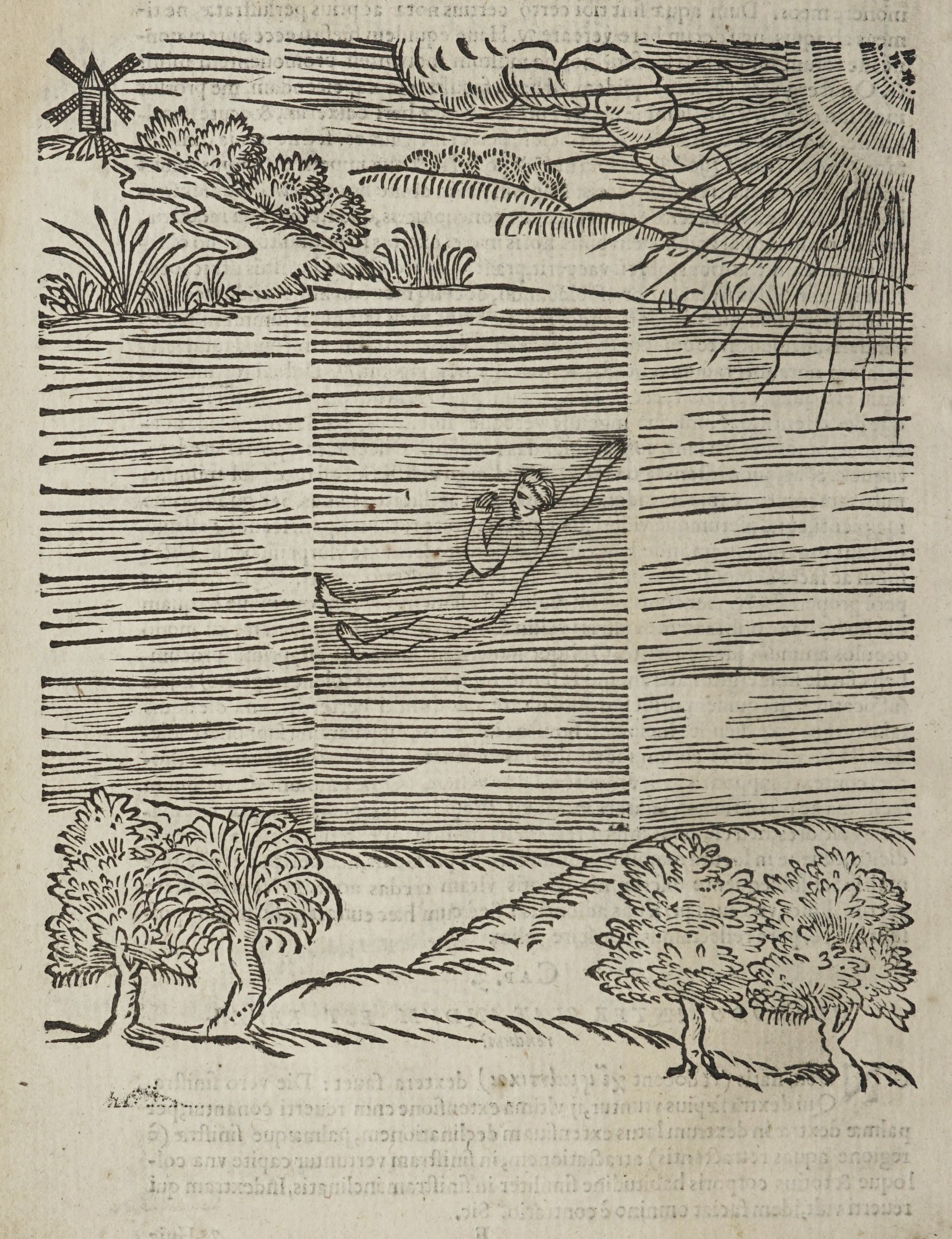 A black and white woodcut illustration depicting a person struggling in water with a small boat nearby, set against a landscape with a windmill and trees.