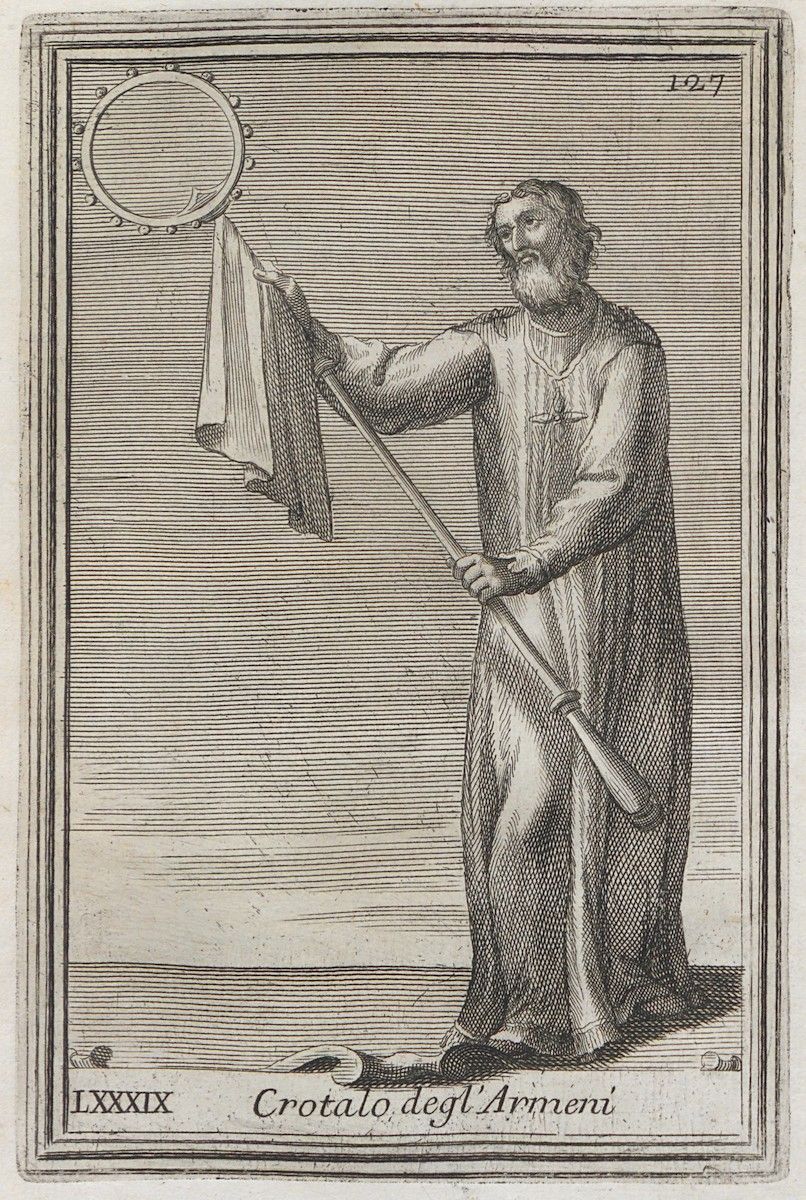 A black and white engraving of a man holding a musical instrument, labeled 'LXXXIX Crotalo degl'Armeni'.