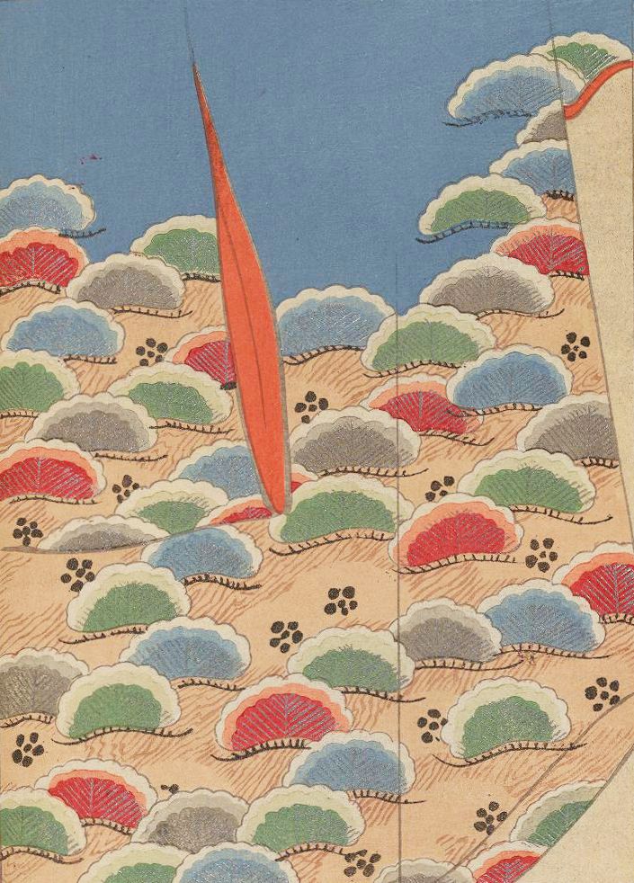 Vintage Japanese-style illustration of patterned clouds and a descending red beam.