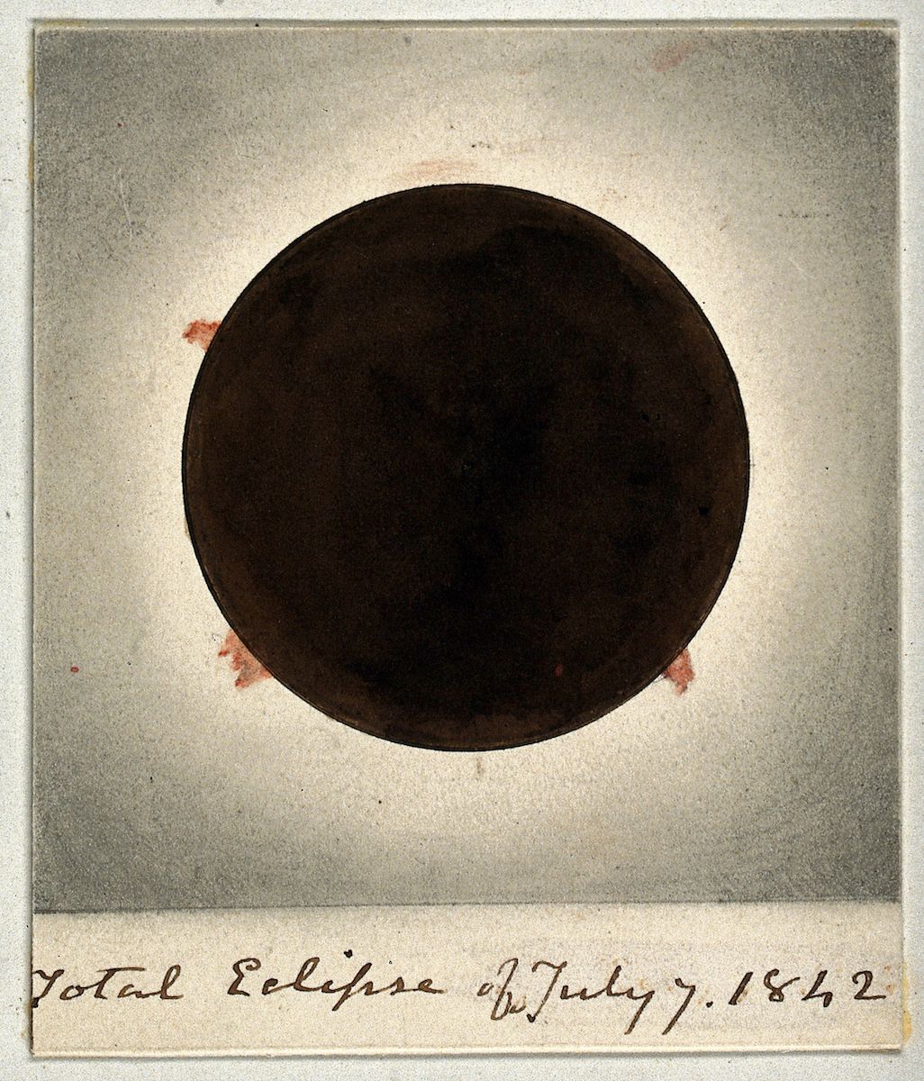 A daguerreotype of a total solar eclipse on July 7, 1842, showing a dark circle with a faint reddish corona.