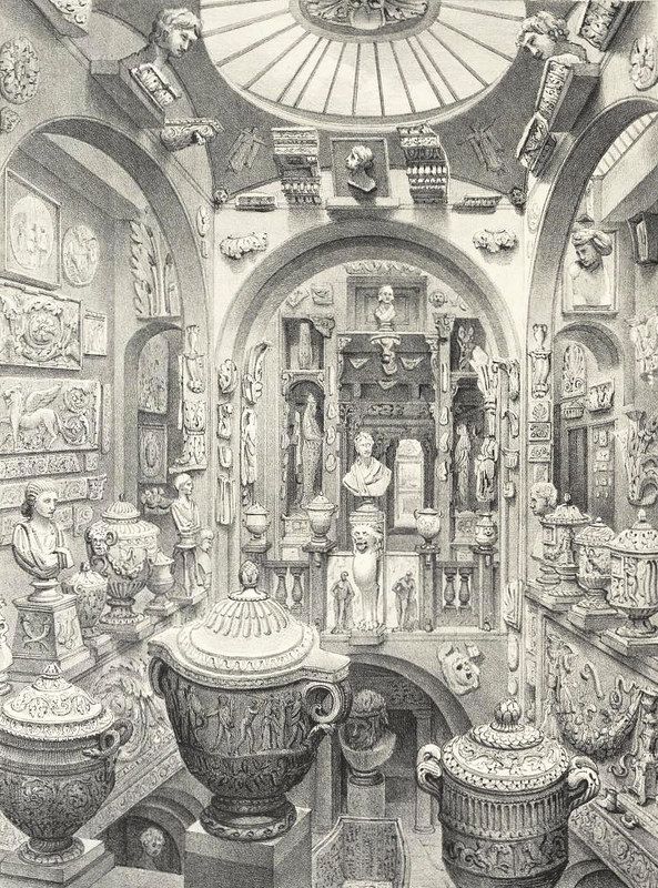 A detailed black and white engraving of a museum interior filled with classical sculptures, vases, and busts.