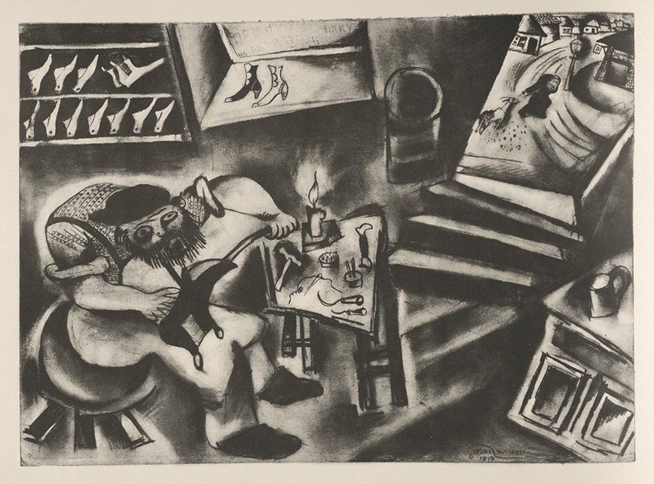 A black and white lithograph depicting a man working at a table cluttered with tools, with a knife rack and a painting visible in the background.