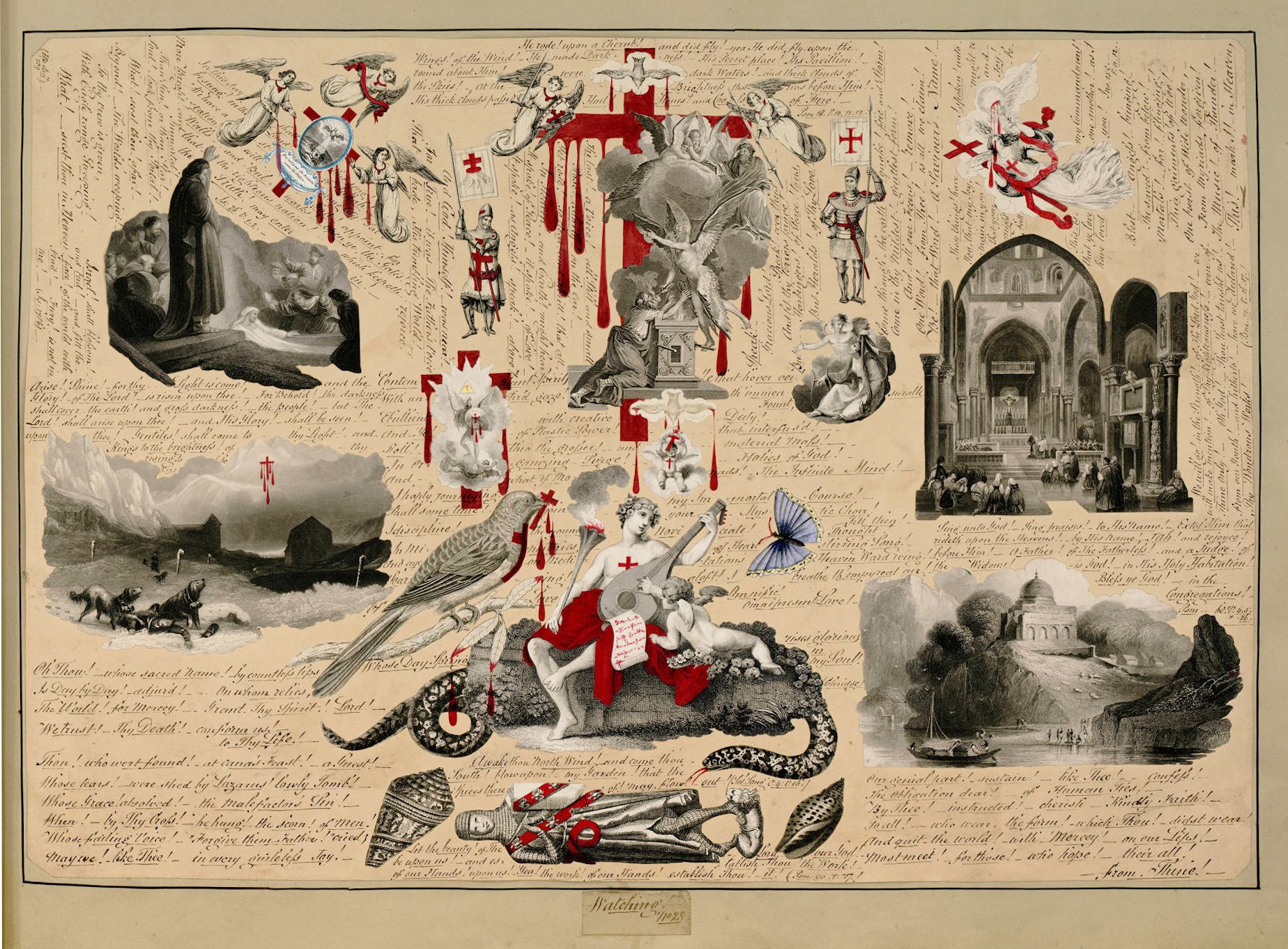 A vintage sepia-toned lithograph depicting a chaotic scene of an angel battling a dragon, surrounded by smaller vignettes of struggle, death, and despair, overlaid with dense gothic text.