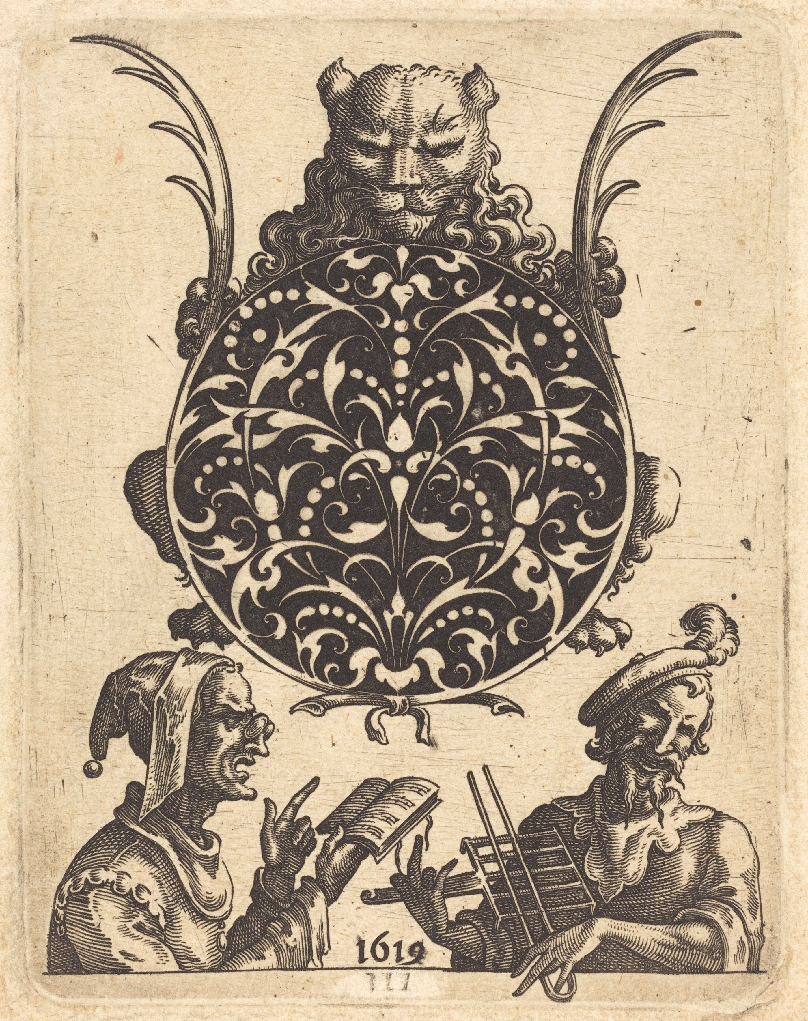 Black and white engraving of an oval ornament with a lion head on top and two figures below, one reading a book and the other playing a lute. The date 1619 is visible at the bottom.