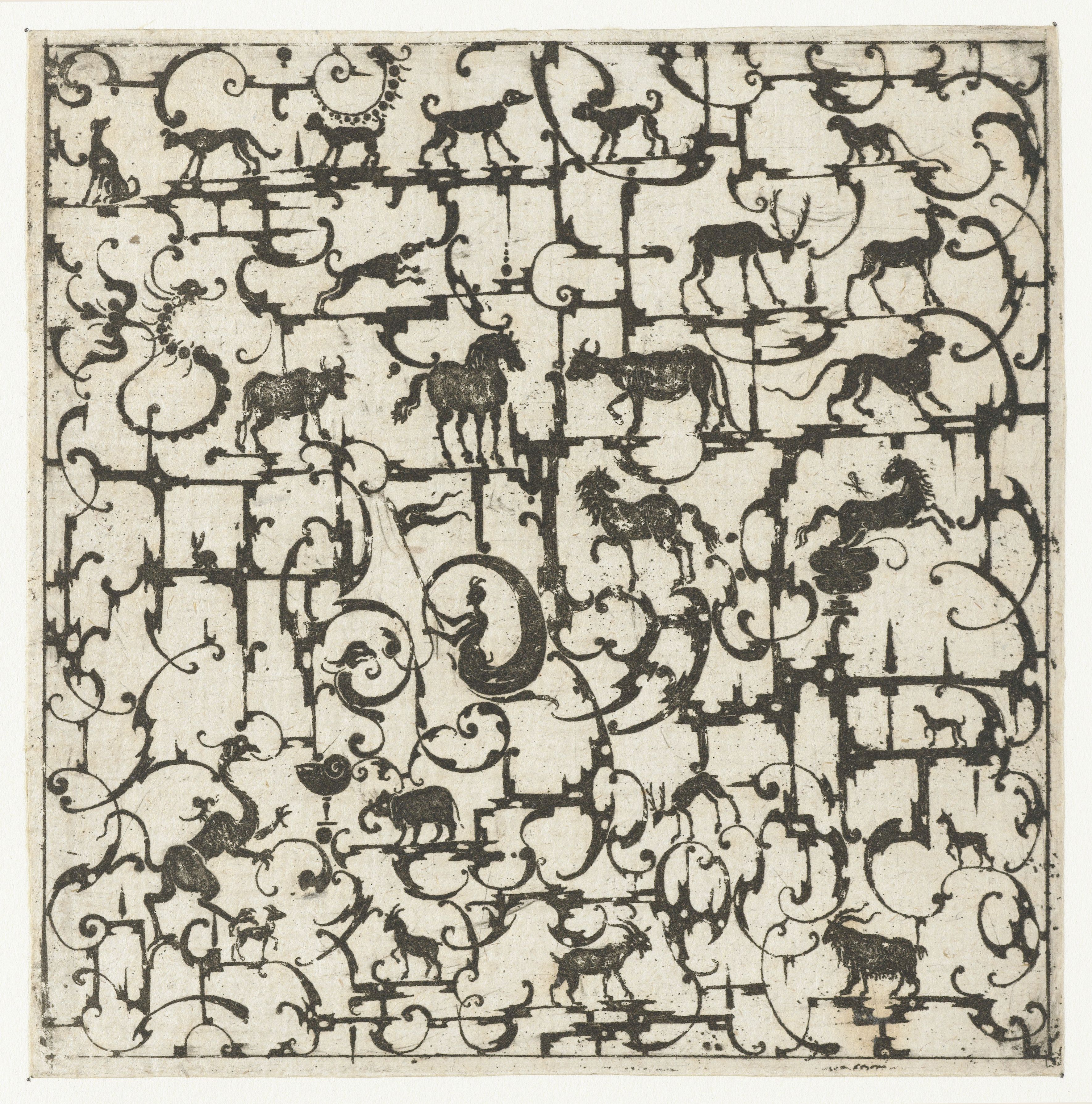 A black and white engraving or print featuring a complex, repeating pattern of animals and ornate scrollwork.