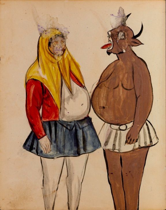 Vintage illustration of two figures in traditional costumes, one with a yellow head covering and the other resembling a bull or demon.