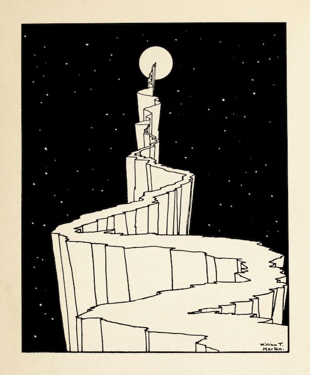 A black and white line drawing of a futuristic tower topped with a moon-like orb, built on a stepped platform.