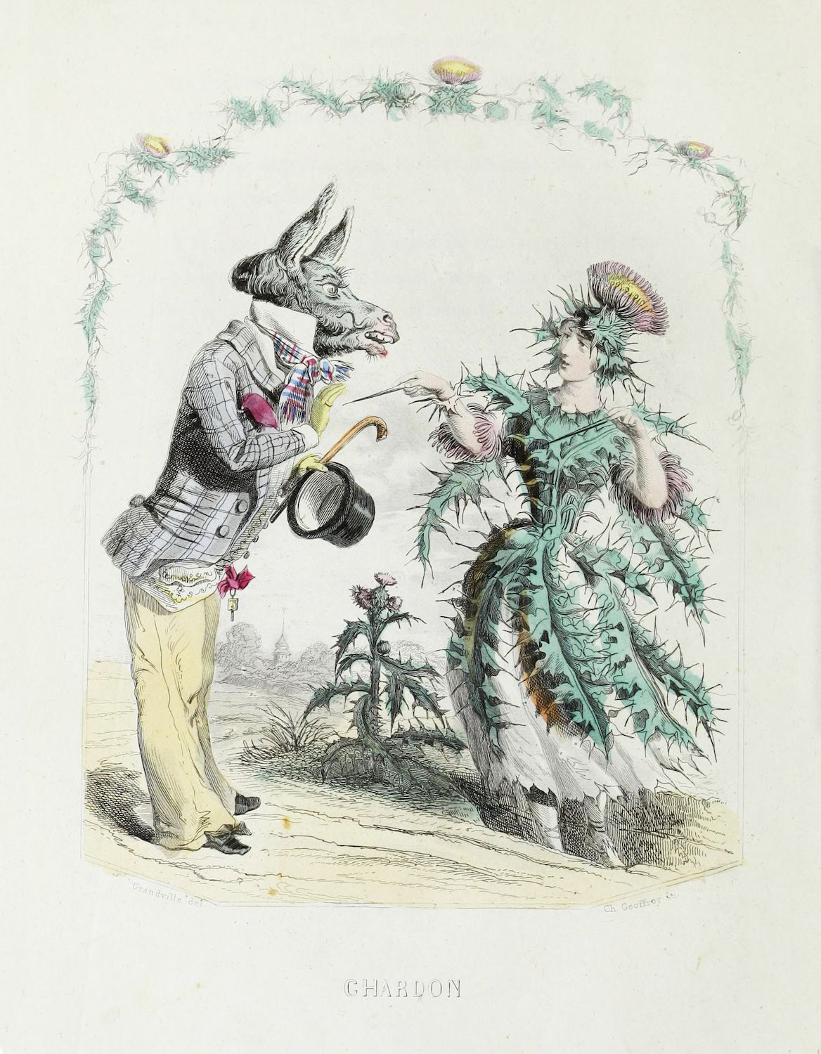 A vintage lithograph depicting a man with a donkey's head in formal attire pointing with a cane towards a woman covered in thistles.