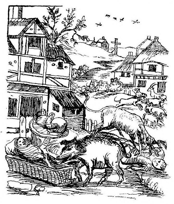 A black and white woodcut-style illustration depicting a person being carried in a basket by animals through a rural landscape with a village in the background.