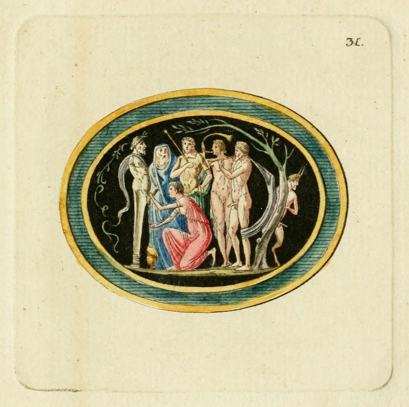 A circular painting or illustration depicting nude figures in a classical or mythological scene, framed by gold and blue borders.