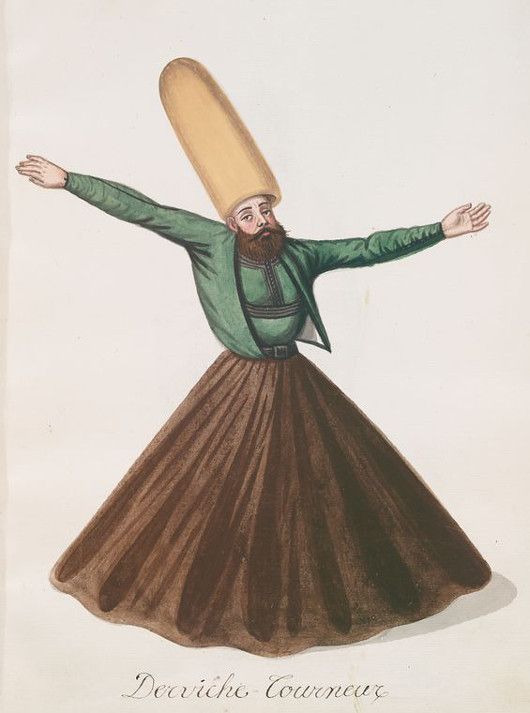 A vintage watercolor painting of a man in traditional Ottoman attire, identified as a 'Derviche Tourneur'. He is wearing a tall conical hat, a green jacket, and a wide pleated skirt, with arms outstretched.