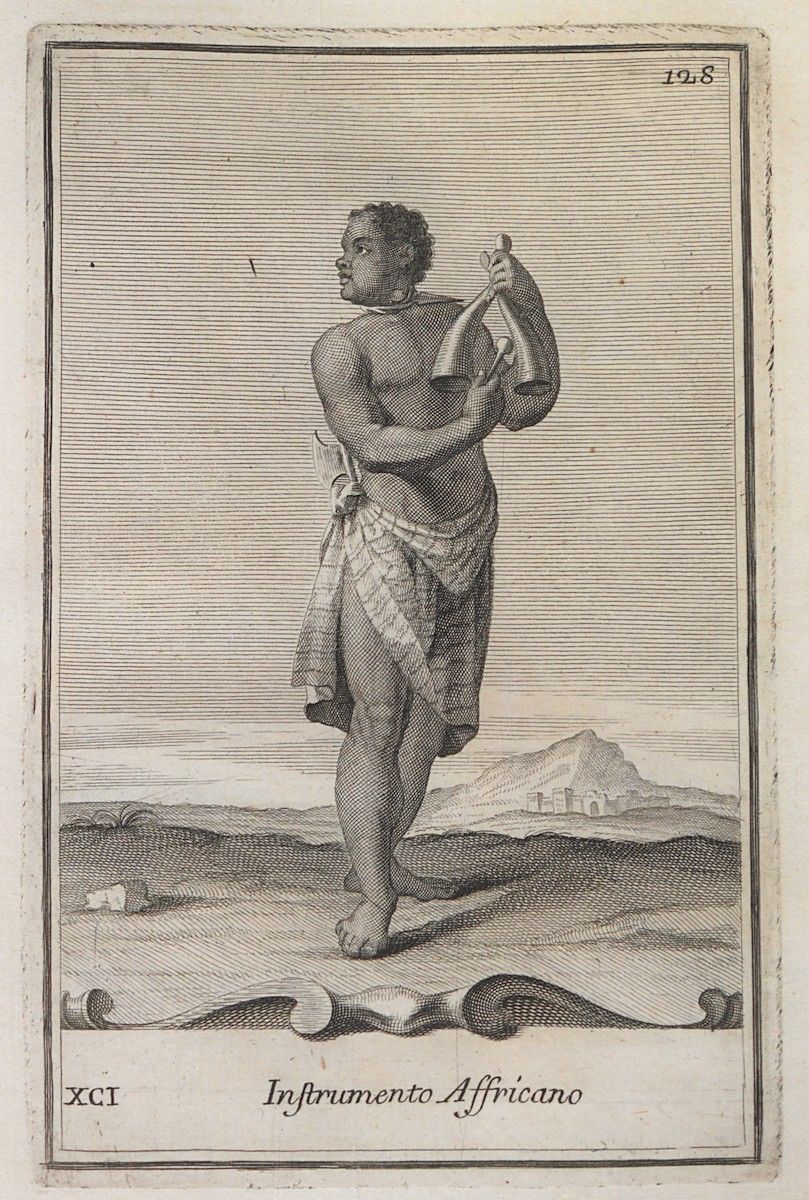 An engraving of a man playing an African instrument.