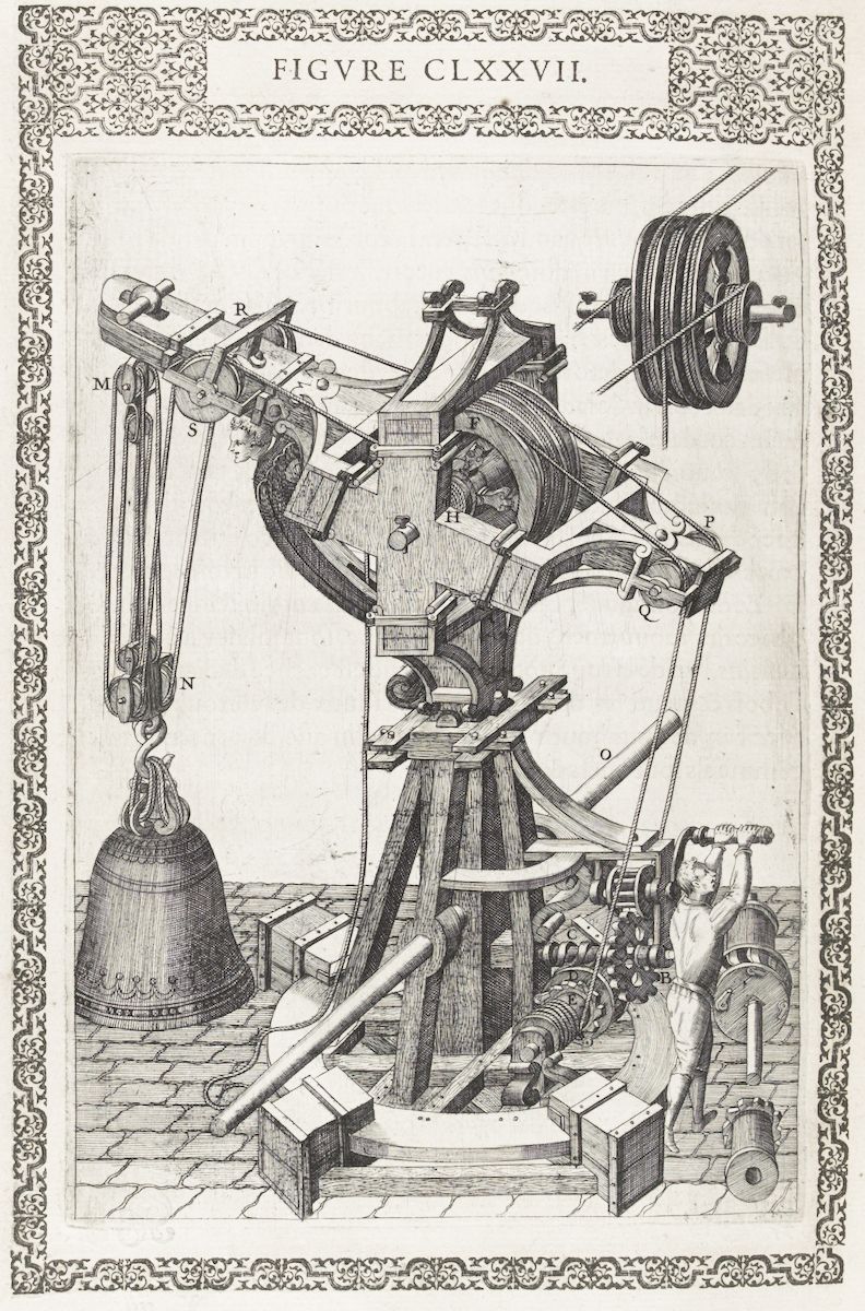 Detailed engraving of a complex mechanical device designed to ring a large bell, constructed of wood and stone, with a man operating the mechanism.