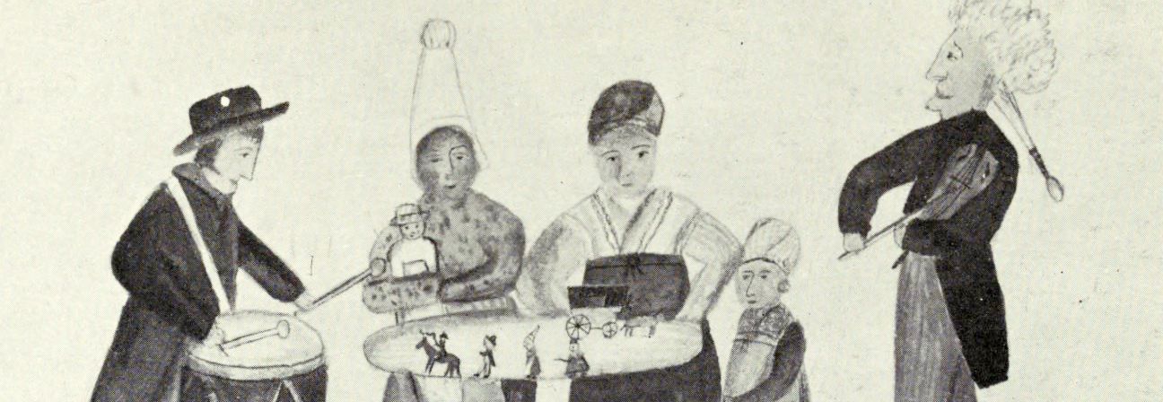 A black and white illustration depicting four figures engaged in what appears to be a culinary or ceremonial activity.