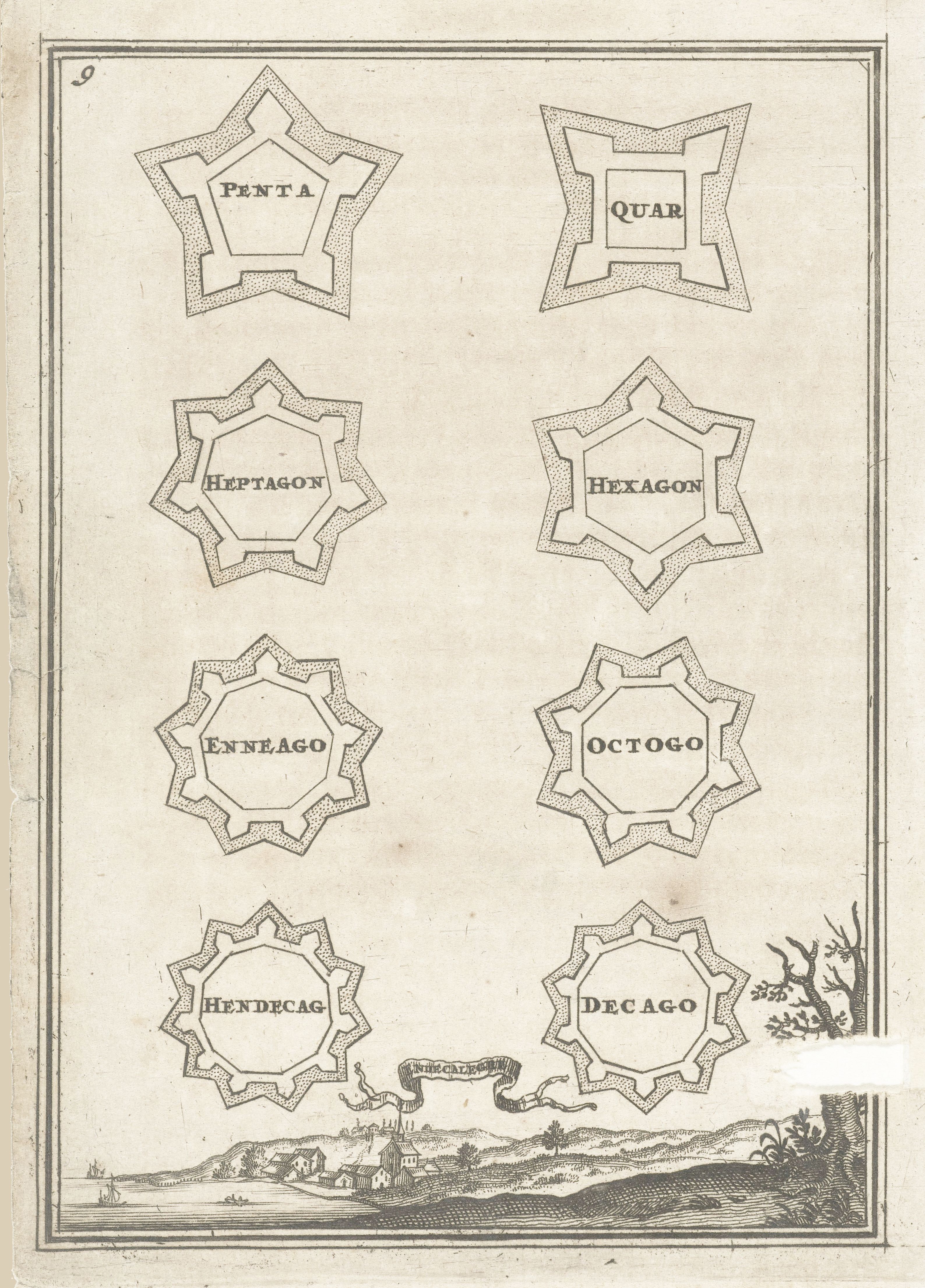 Vintage engraving of geometric fortifications and a landscape scene.