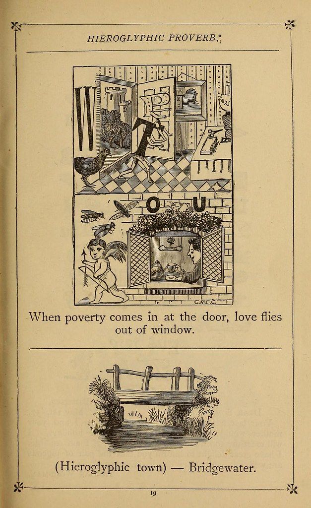 A vintage illustration depicting a proverb about poverty and love. A man enters a door labeled 'O U', while a woman and a bird fly out of a window. Below is a landscape with a bridge and the text '(Hieroglyphic town) — Bridgewater'.