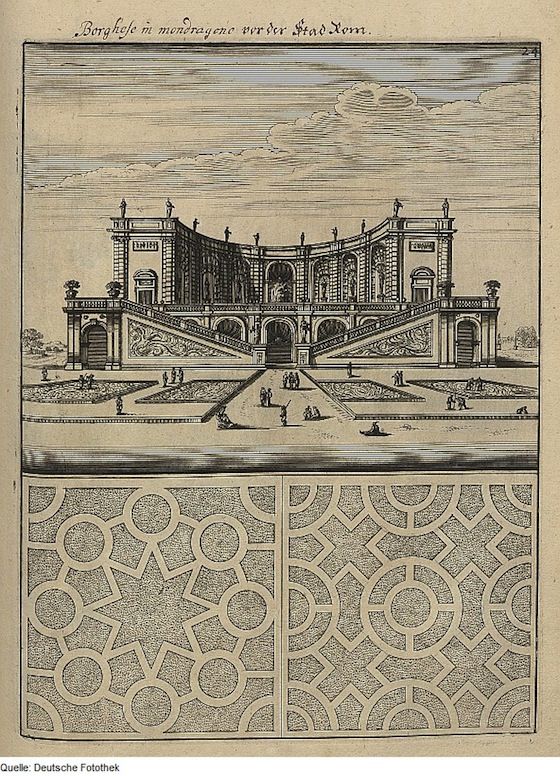 Vintage engraving of a grand building with a cascading fountain and a formal garden.