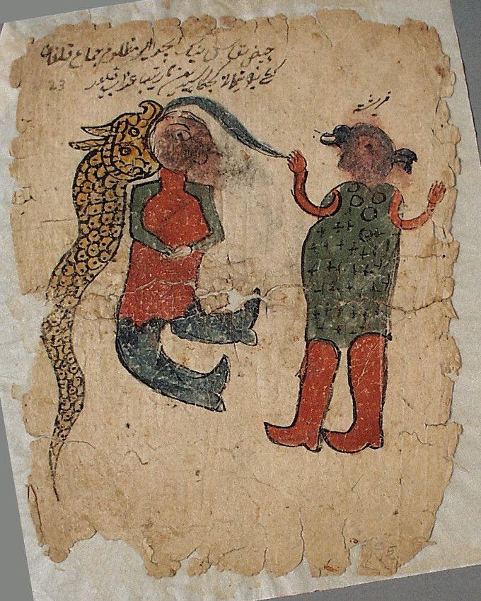 A vintage illustration from a manuscript depicting a person with a snake and another person examining their hair.