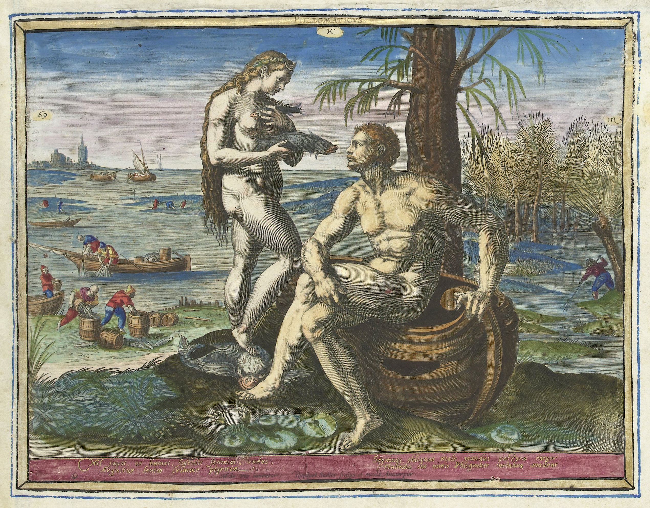 A detailed engraving or painting depicting a nude man and woman with fish in a harbor scene.