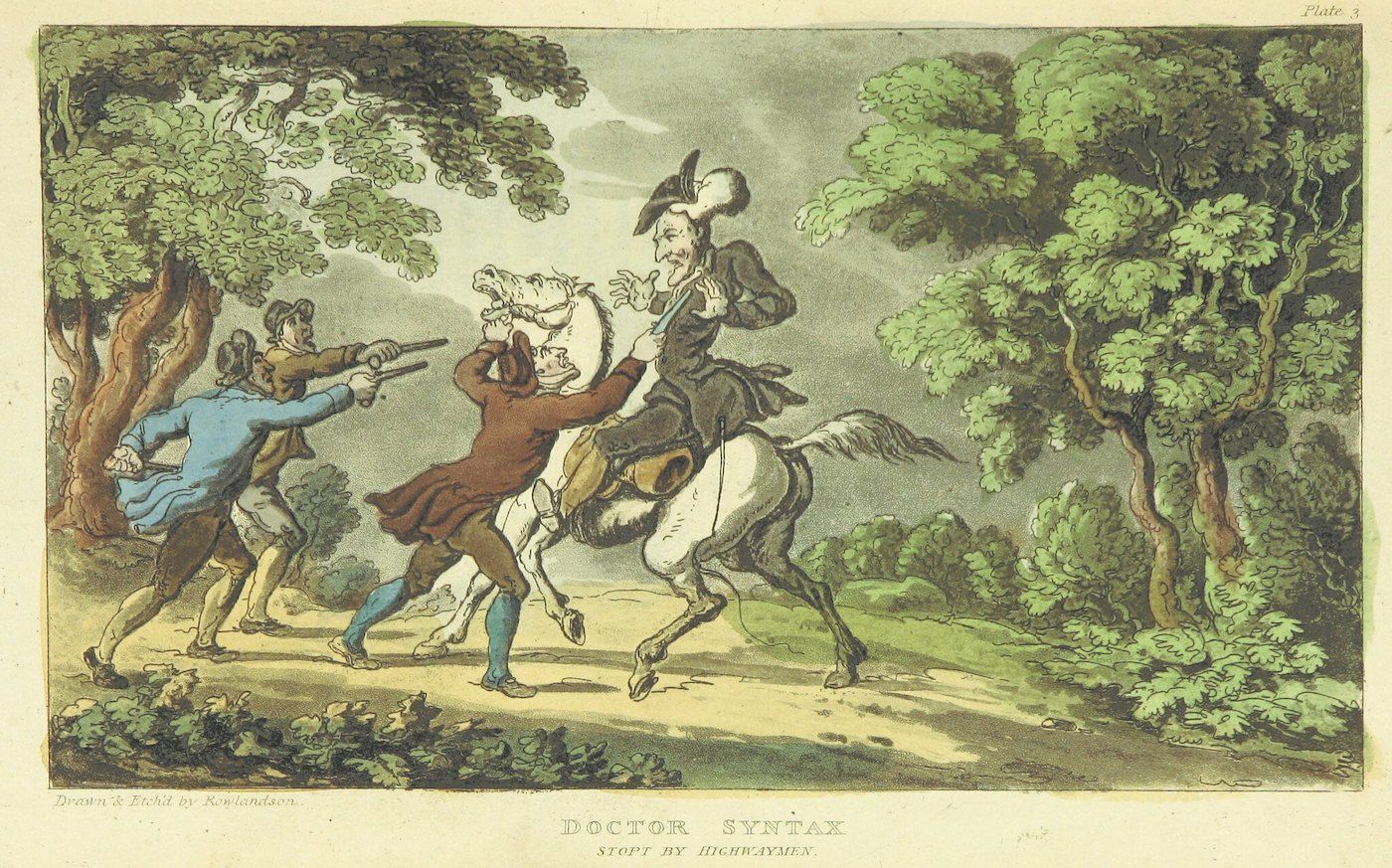 A hand-drawn illustration of a highway robbery, with a man on horseback being accosted by two highwaymen.