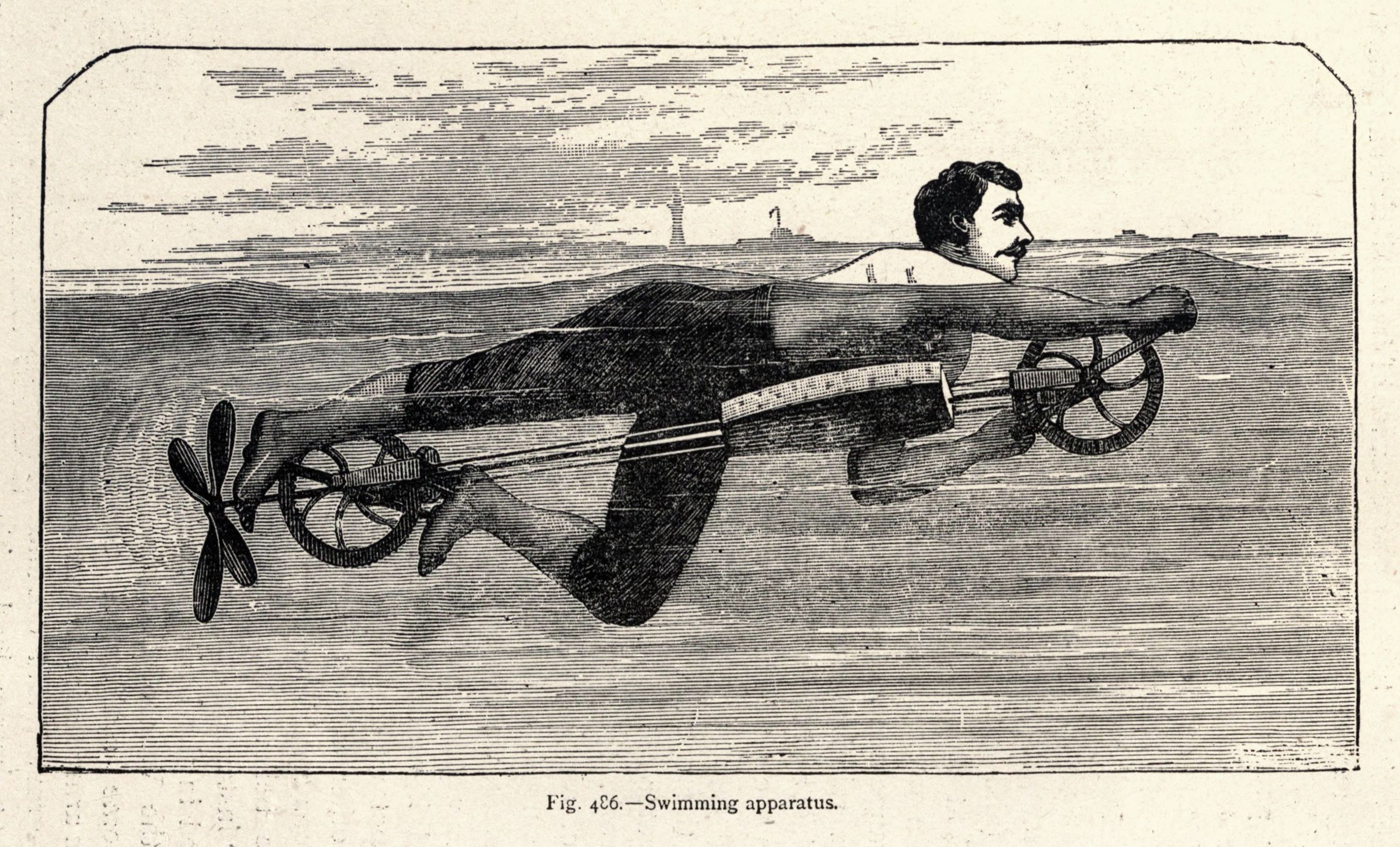 Vintage illustration of a man operating a complex swimming apparatus with paddle-wheel propellers in water.