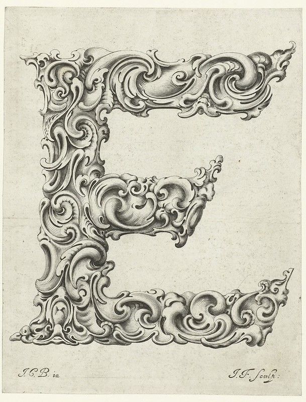 A detailed black and white engraving of a highly ornate capital letter 'C' filled with swirling, curling, and leafy motifs.