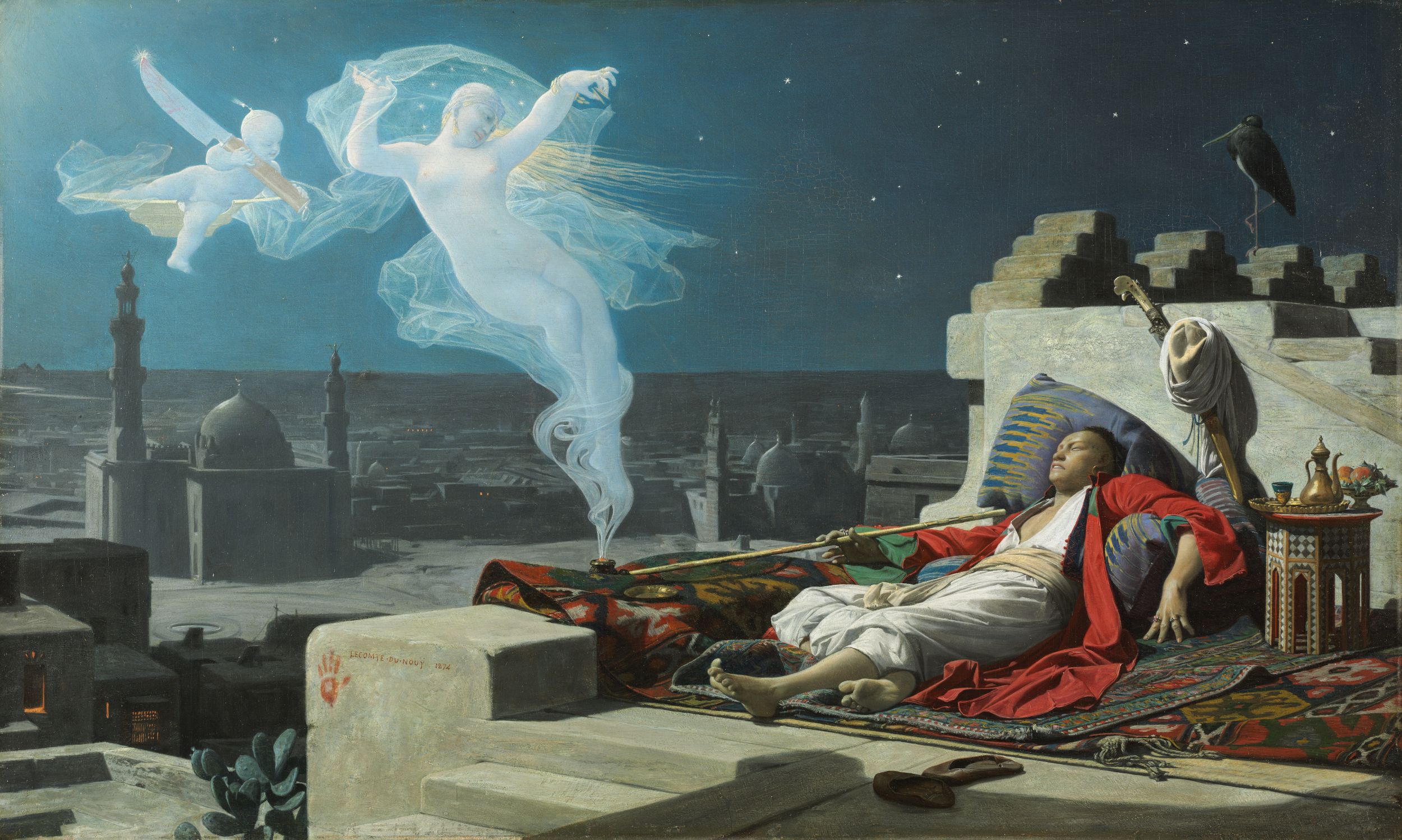A painting of a man lying on a rooftop, surrounded by ghostly figures and overlooking a city at night.