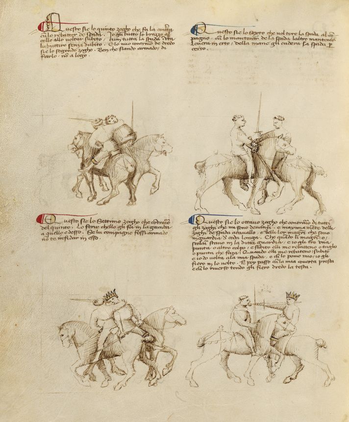 A page from a medieval manuscript with four detailed pen and ink drawings of knights on horseback engaged in combat or preparing for battle. The drawings are accompanied by text in an old script.