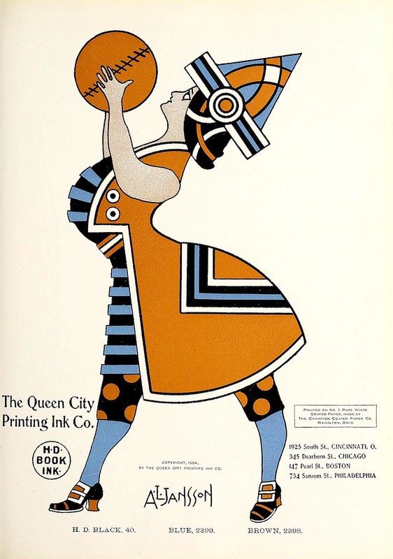 Vintage advertisement for The Queen City Printing Ink Co. featuring a stylized illustration of a person playing basketball in a geometric style.