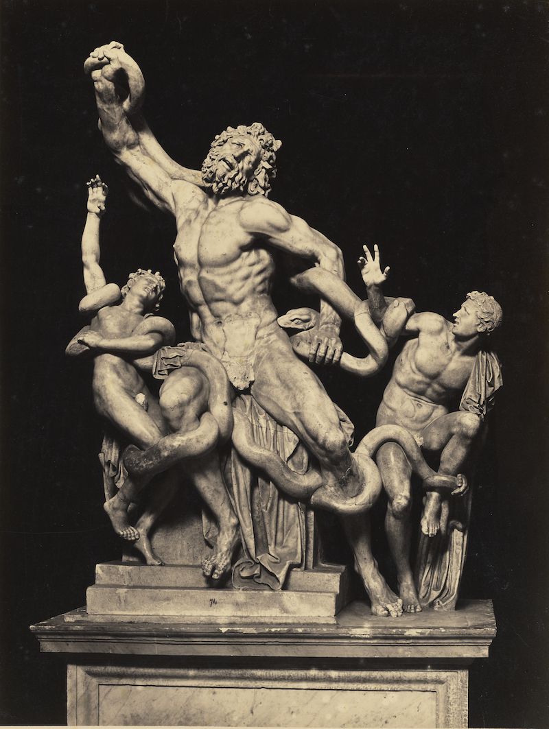 A black and white photograph of a classical sculpture depicting a muscular man engaged in a struggle with snakes, surrounded by cherubs.