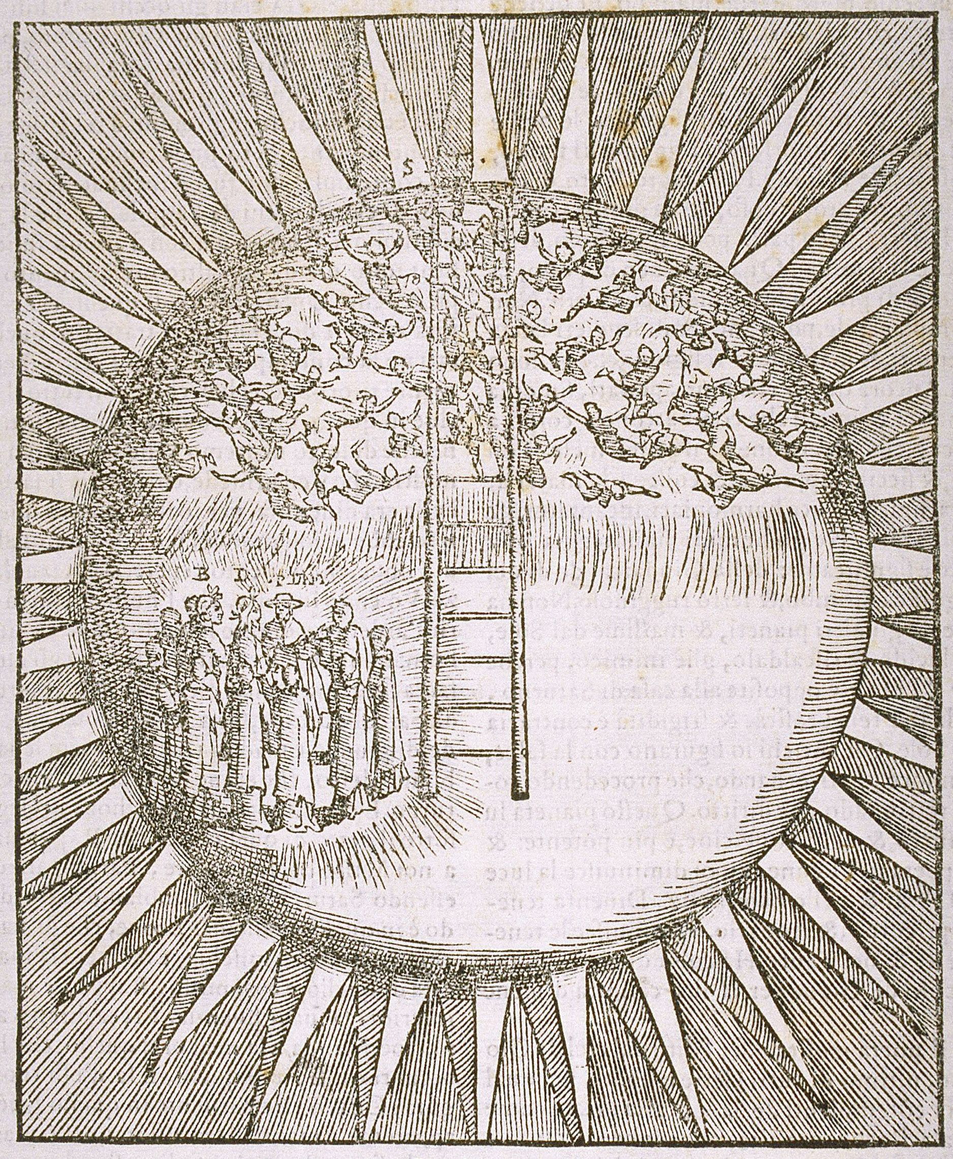 A black and white engraving depicting a ladder reaching from a group of people on earth to a multitude of angels in the clouds, surrounded by radiating light.