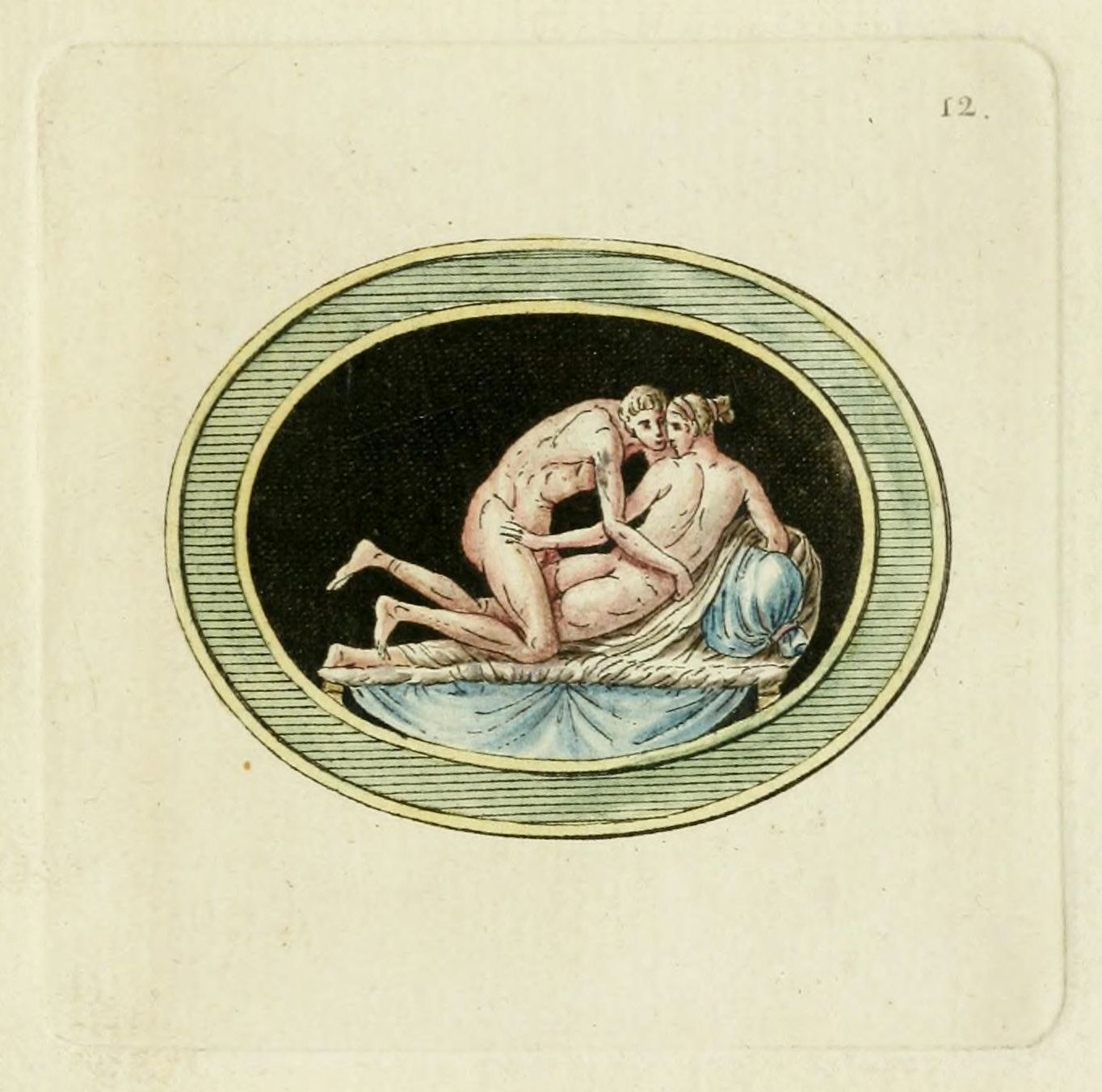 Vintage illustration of a nude couple embracing on a draped bed within an oval frame.