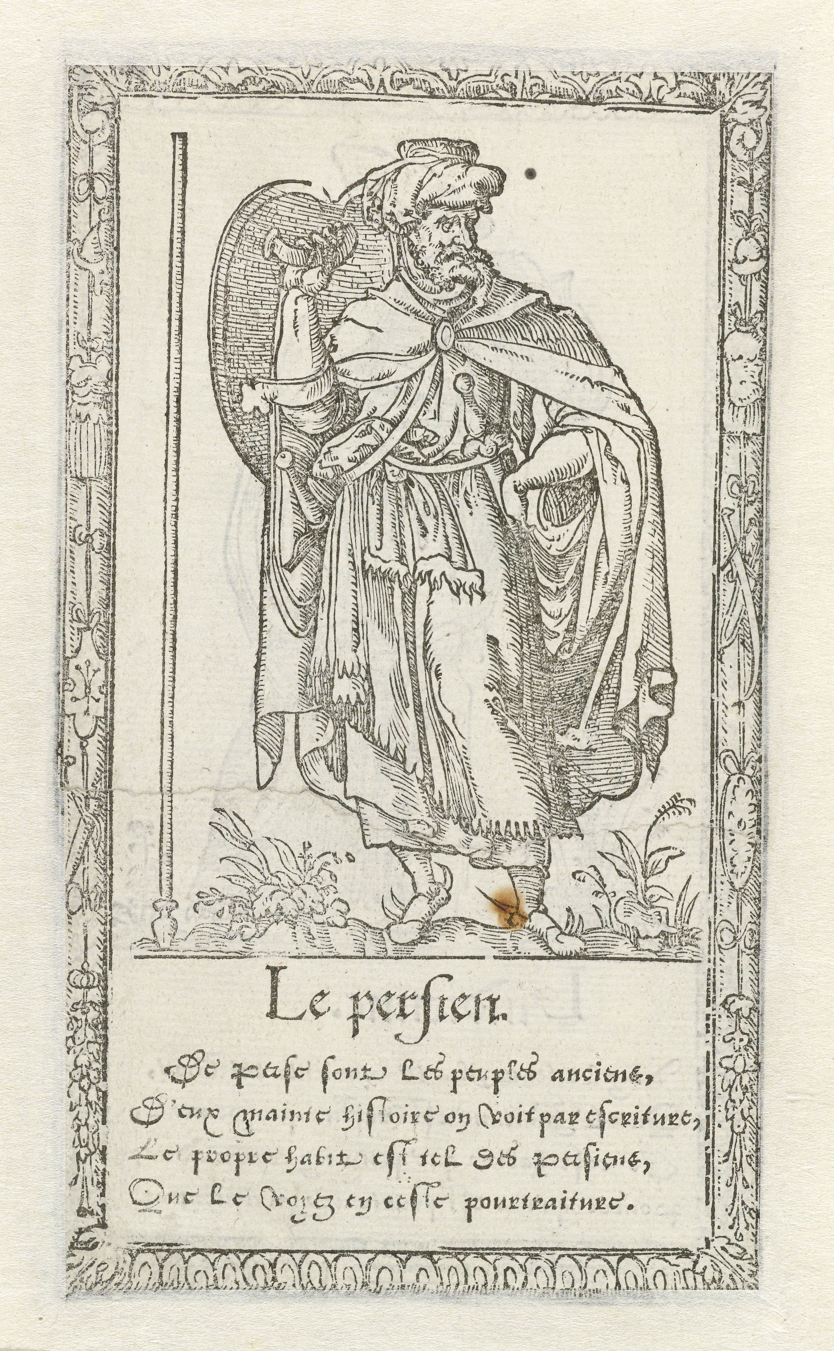 A black and white woodcut illustration of a Persian figure in elaborate clothing, holding a shield, with text below and a decorative border.