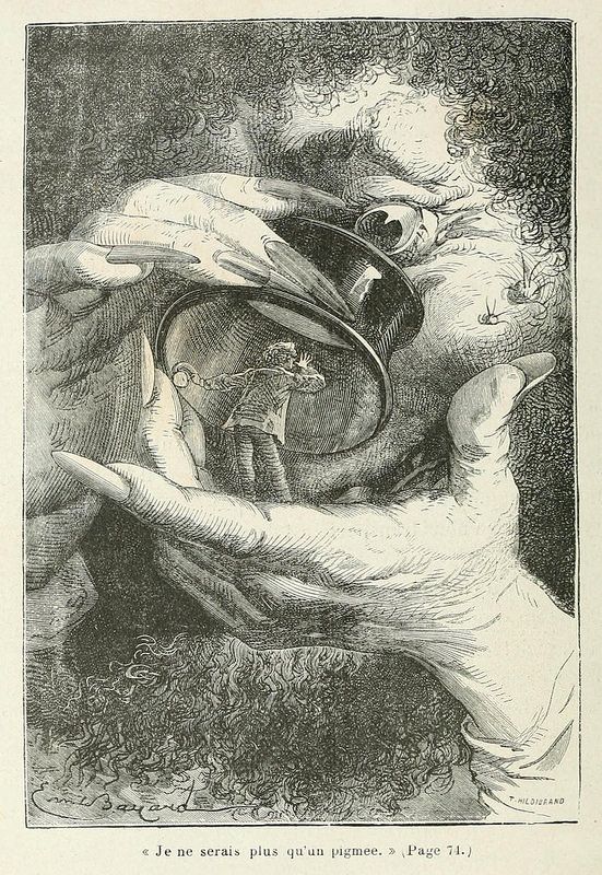 A detailed black and white illustration of a giant hand holding a tiny man, with a large eye and face looming above. The scene is dramatic and unsettling, with dense textures and strong contrasts between light and shadow.