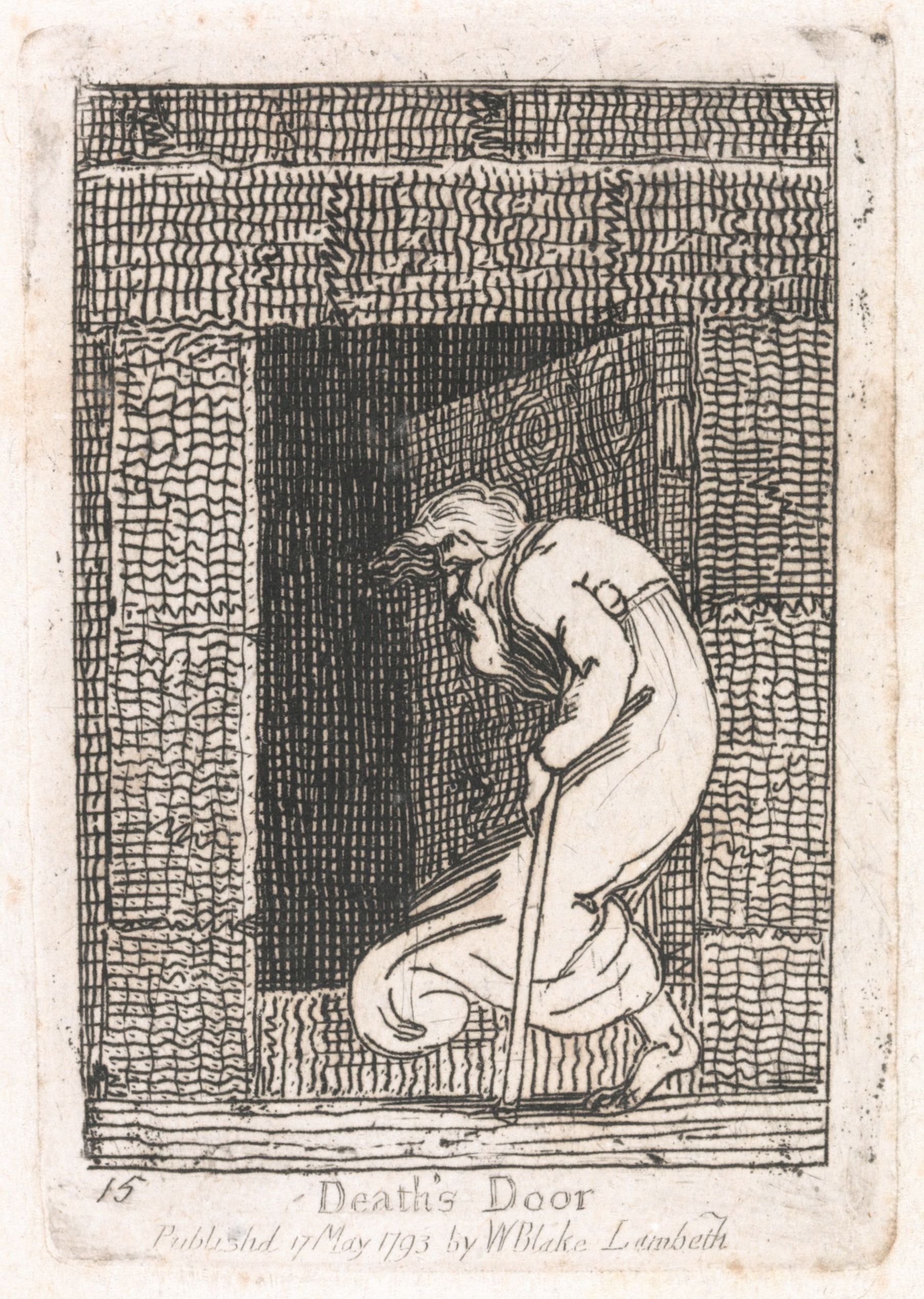 A black and white engraving titled 'Death's Door' by William Blake, published in 1793. The image depicts a gaunt, elderly man, bent over and leaning on a long staff, seemingly approaching a dark, rectangular doorway.