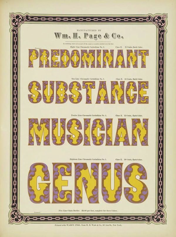 A vintage lithograph advertising the chromatic lettering styles of Wm. H. Page & Co. It features four words – PREDOMINANT, SUBSTANCE, MUSICIAN, and GENIUS – each rendered in a different chromatic lettering style with yellow letters and a purple vine-like pattern filling the letters.