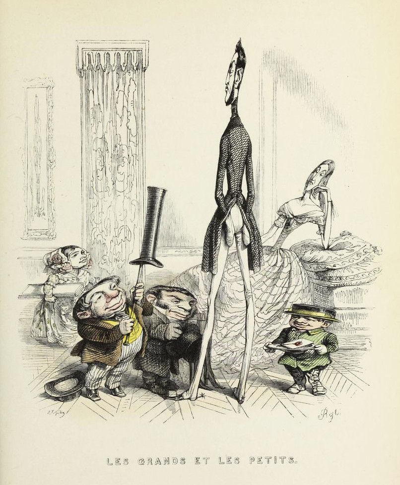 A black and white drawing titled "Les Grands et les Petits" depicting a tall, thin man towering over smaller figures in a room.