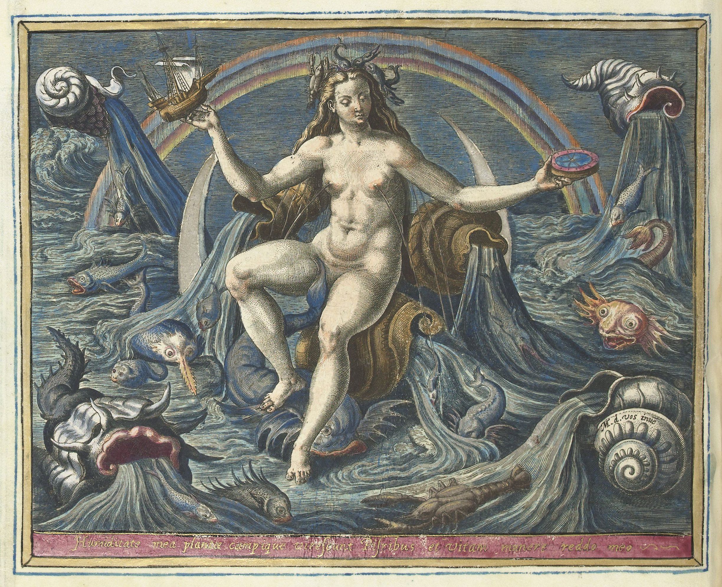 Detailed engraving of a nude female figure surrounded by marine creatures and a turbulent sea.