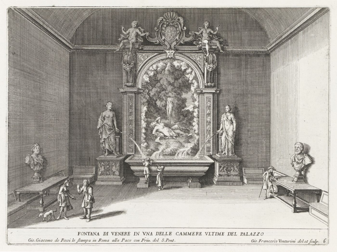 Black and white engraving of a grand room with a fountain as the centerpiece, surrounded by statues and people.