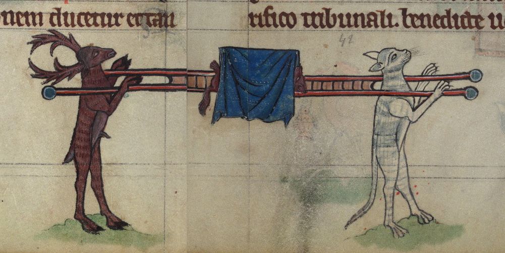 Medieval manuscript illustration of two deer carrying a blue cloth on a red pole.