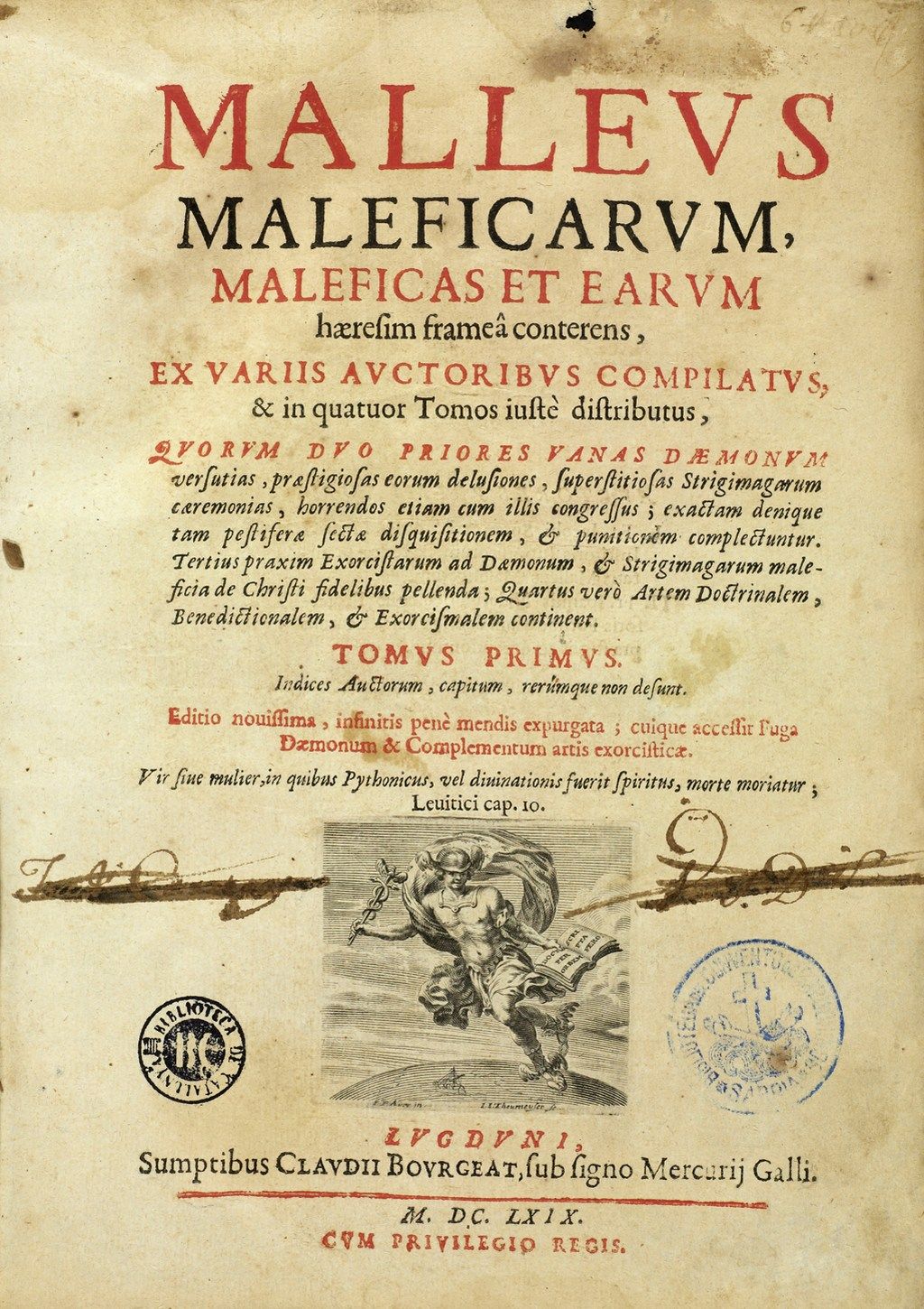 A scan of an old book cover titled "Malleus Maleficarum" with ornate Latin text and decorative elements.