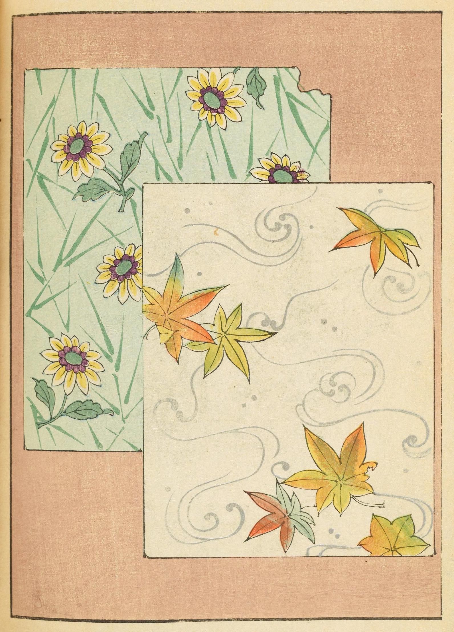 Vintage illustration of floral and leaf patterns in soft colors.