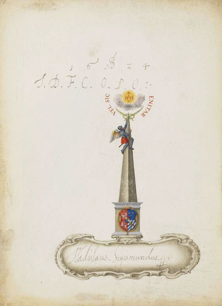 Antique illustration of a tall, ornate monument with an angel perched on top and a shield at the base.