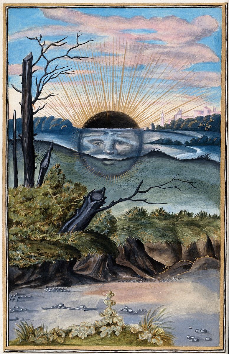 Medieval illustration of a sun with a human face shining over a dark, surreal landscape.