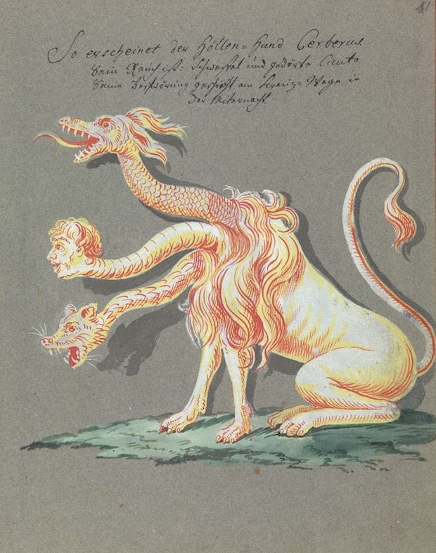 Vintage illustration of a multi-headed lion-dragon creature, reminiscent of Cerberus, with handwritten text above.