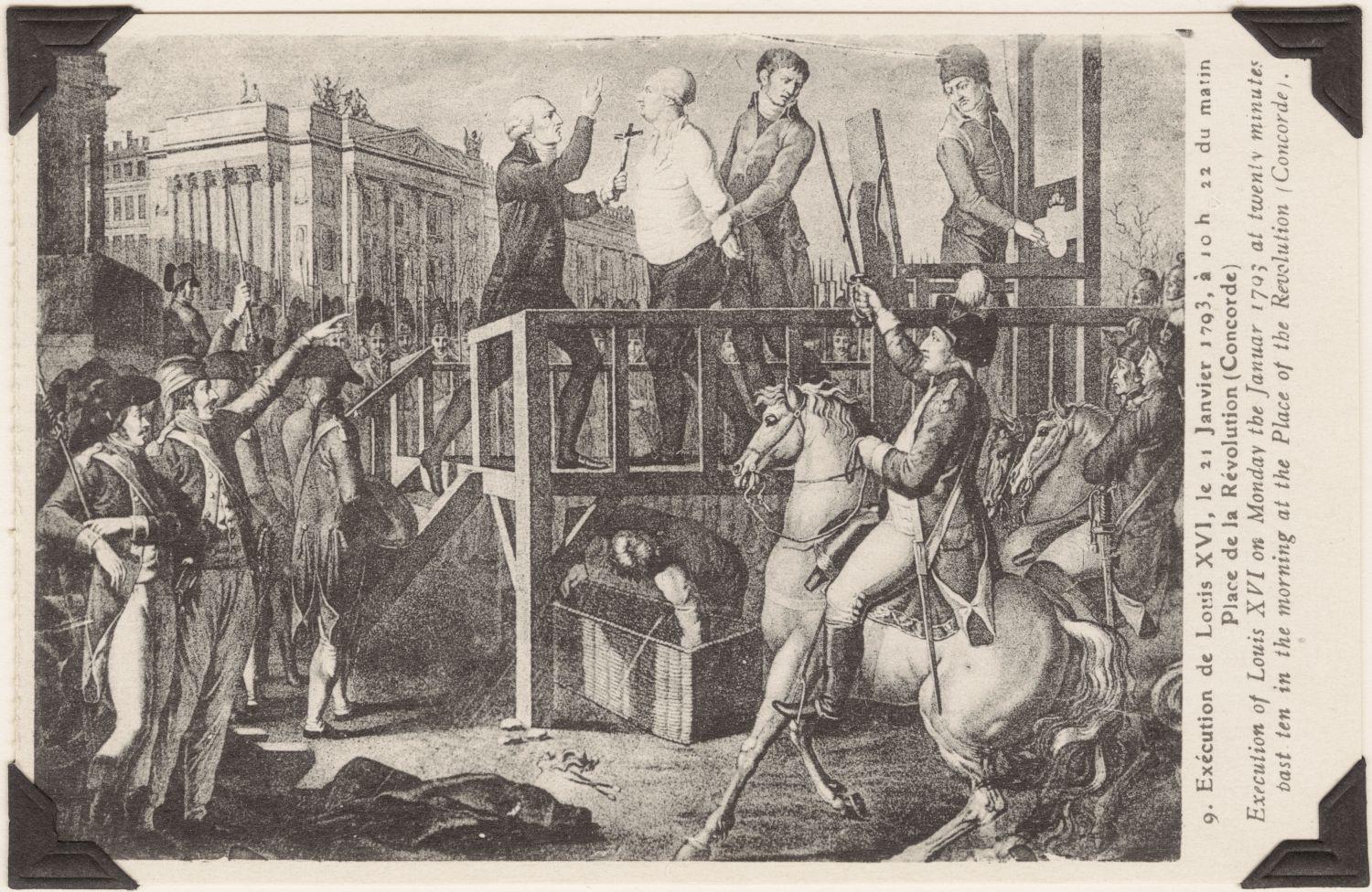A black and white engraving depicting the execution of Louis XVI by guillotine in a public square, surrounded by a large crowd and soldiers.