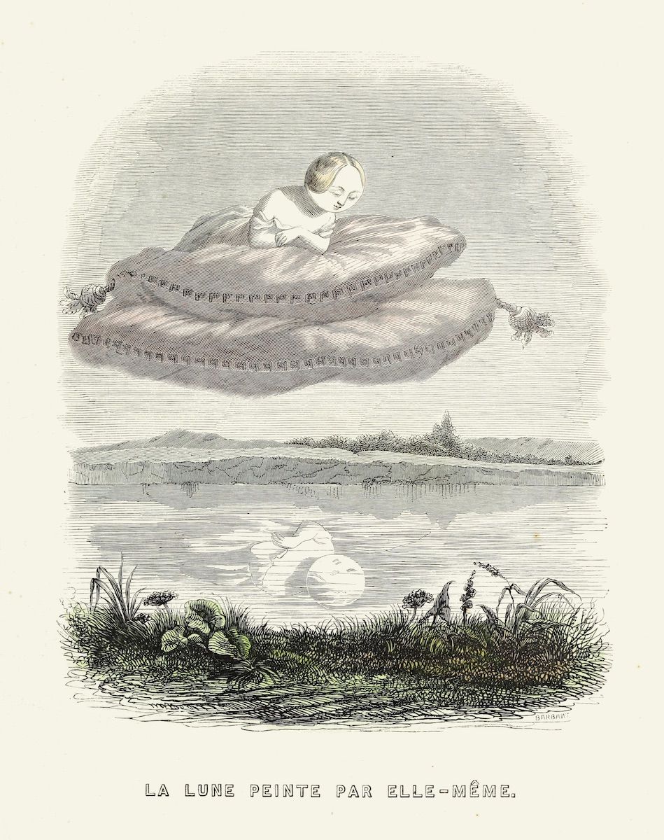 A vintage black and white engraving of a baby painting the moon while a rabbit looks on.