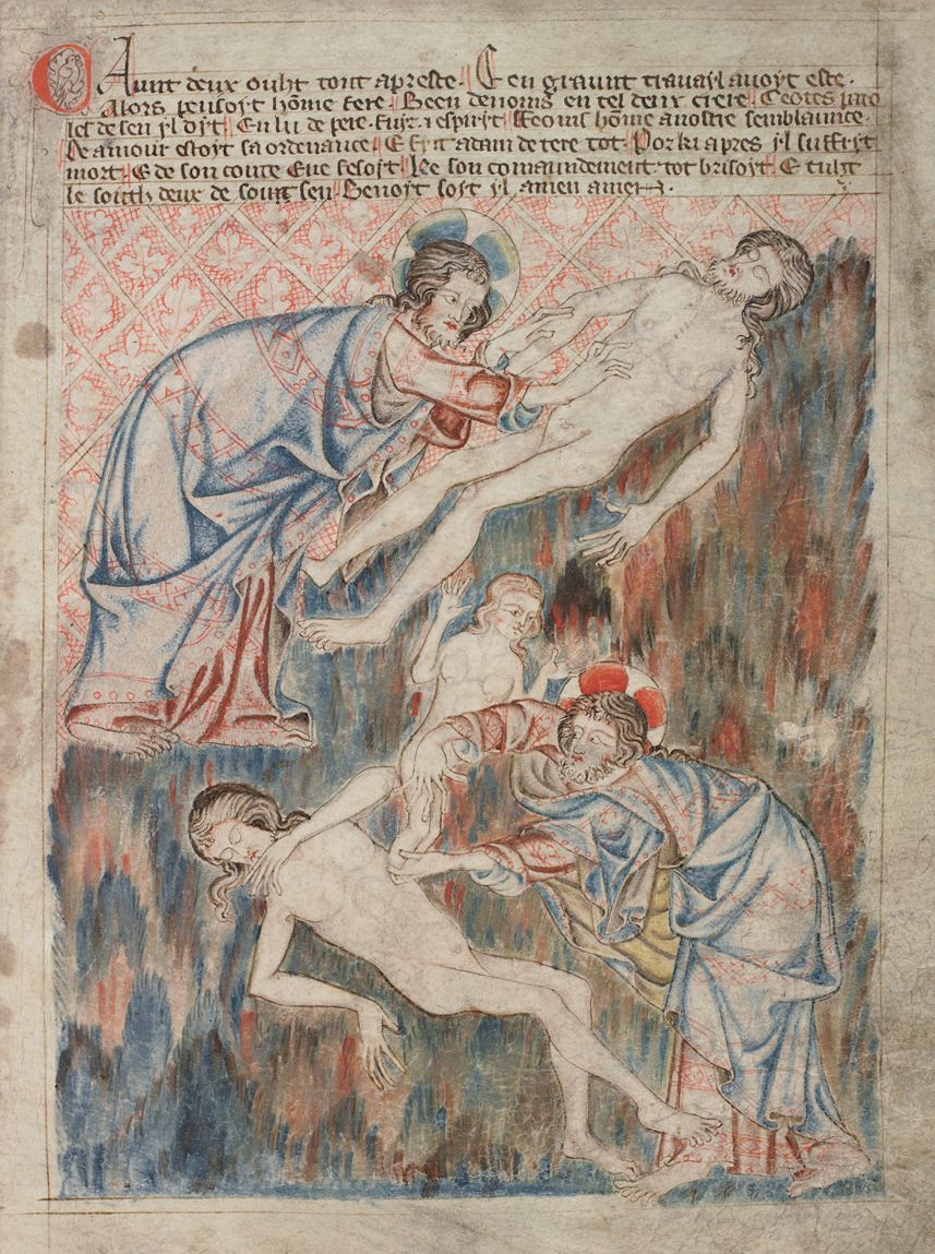 A medieval manuscript illustration depicting a violent scene with figures lying on the ground and an angelic couple above.